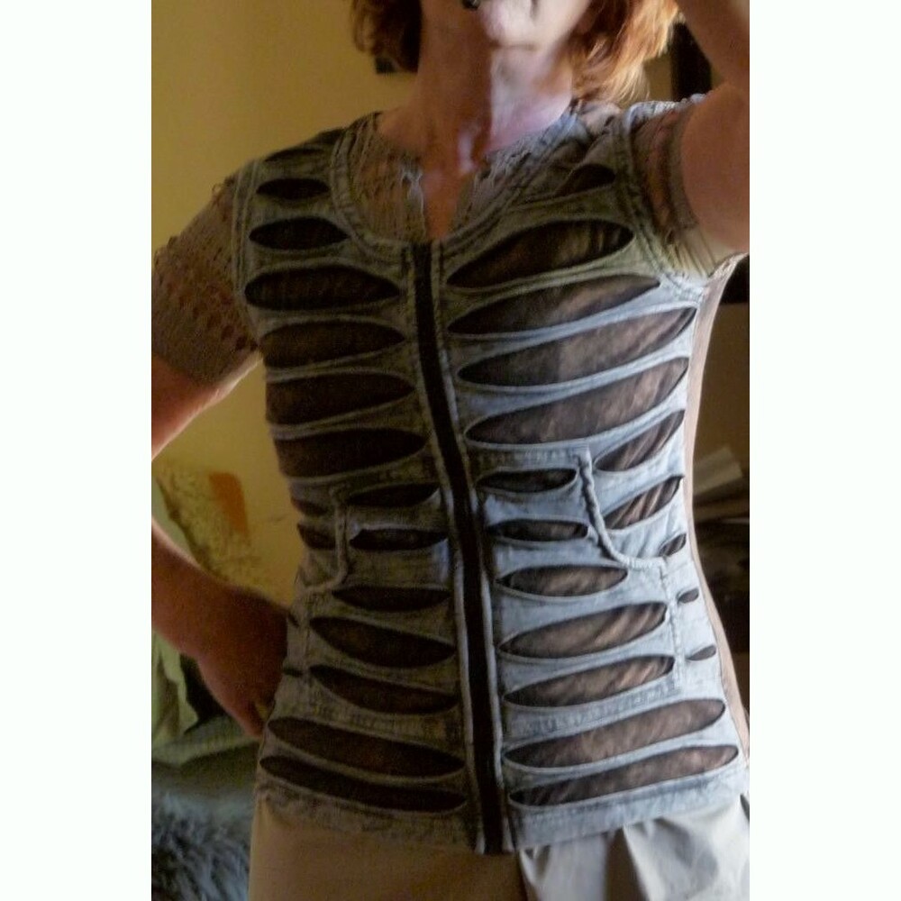 Nepal Tie Dye Cotton Knit Razor Cut Patchwork Fitted Vest Kangaroo Pockets S